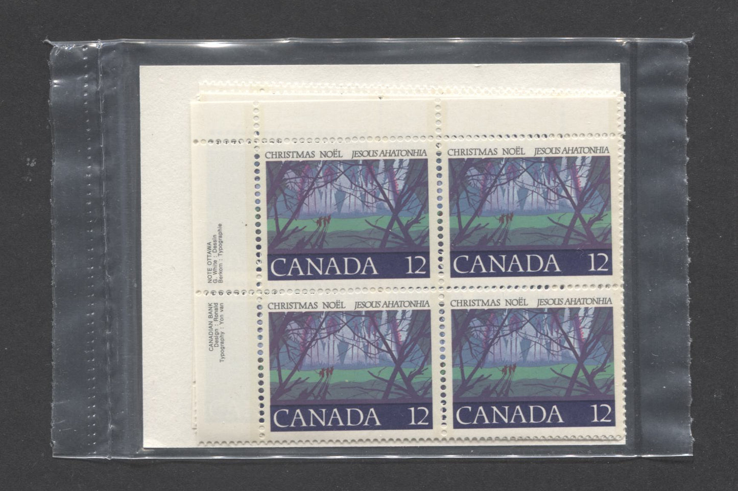 Lot 293 Canada #742 12c Multicolored Angelic Choir, 1977 First Christmas Carol, A VFNH Sealed Pack Of Plate Blocks On DF/DF-Hf With Type 3A Insert, Unitrade Cat. As Blocks $6