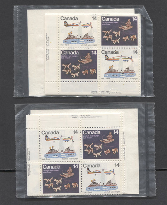 Canada #772a 14c Multicolored Airplane Over Village & Dog Team And Sled, 1978 Inuit - Travel, 2 VFNH Sealed Packs Of Plate Blocks On DF/DF Papers & Type 4A DF & HF, Unitrade Cat. As Blocks $12