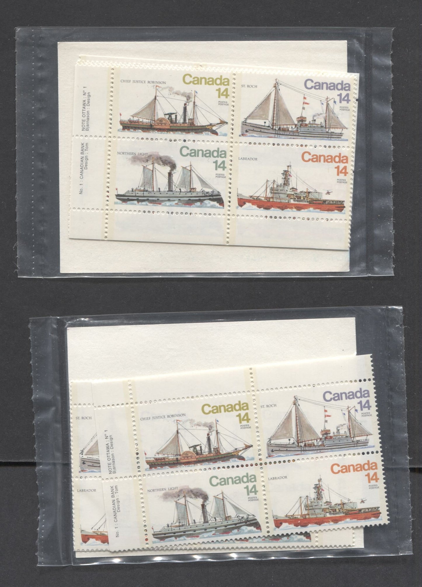 Lot 197 Canada #779a 14c Multicolored Chief Justice Robinson - Labrador, 1978 Ice Vessels, 2 VFNH Sealed Packs Of Plate Blocks On DF & LF Papers, With Type 4A HF Card Insert With Larger Font, Unitrade Cat. As Blocks $16