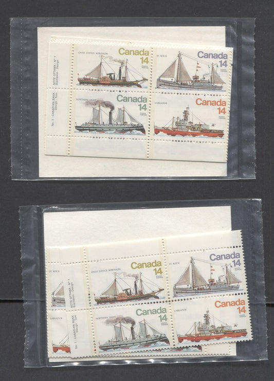 Canada #779a 14c Multicolored Chief Justice Robinson - Labrador, 1978 Ice Vessels, 2 VFNH Sealed Packs Of Plate Blocks On DF & LF Papers, With Type 4A HF Card Insert With Larger Font, Unitrade Cat. As Blocks $16