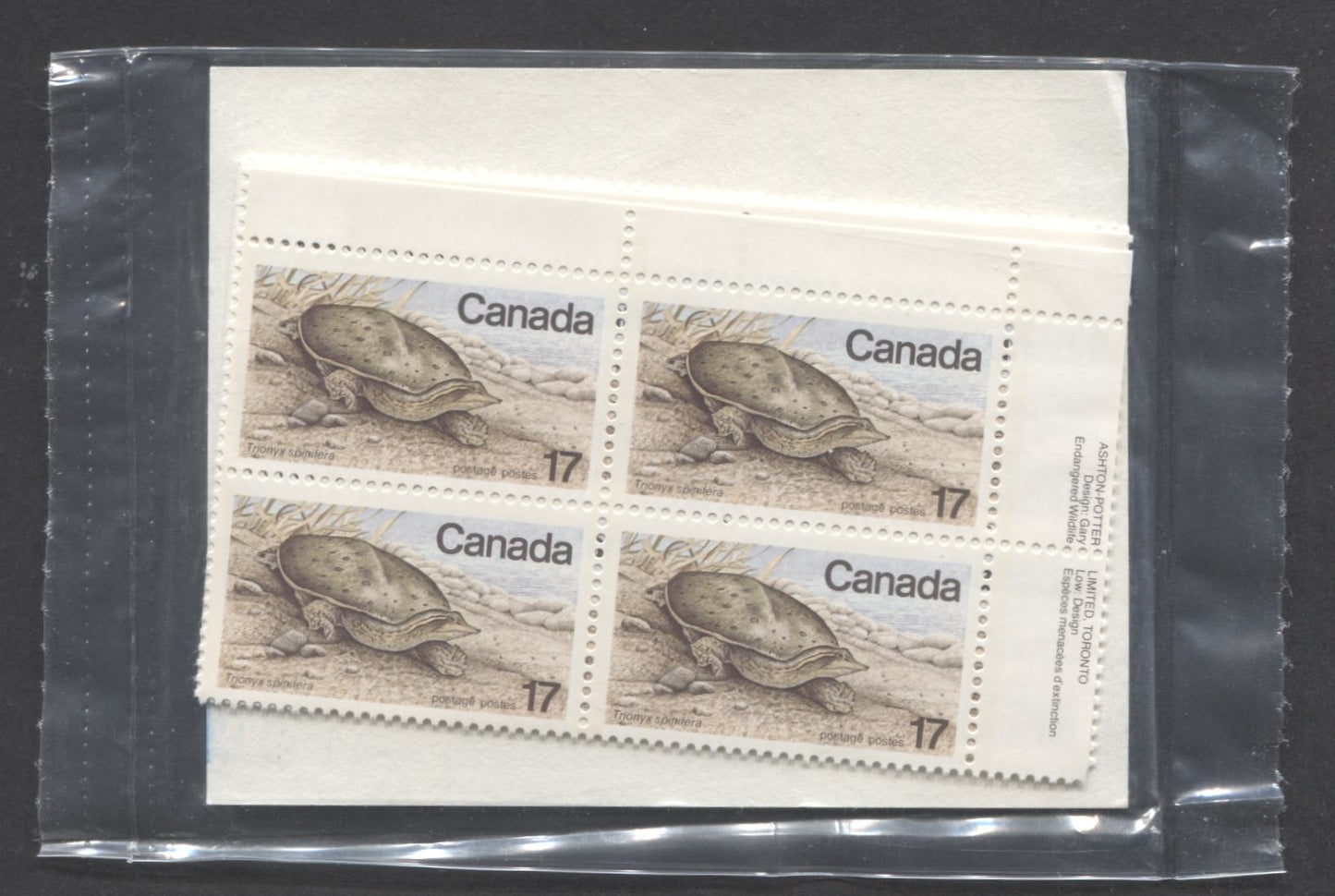 Lot 8 Canada #813 17c Multicolored Spiny Soft-Shelled Turtle, 1979 Endangered Wildlife, A VFNH Sealed Pack Of Plate Blocks On DF/DF Paper With Type 4A LF Insert Card, Larger Font, Unitrade Cat. As Blocks $8