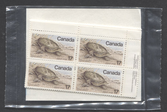 Canada #813 17c Multicolored Spiny Soft-Shelled Turtle, 1979 Endangered Wildlife, A VFNH Sealed Pack Of Plate Blocks On DF/DF Paper With Type 4A LF Insert Card, Larger Font, Unitrade Cat. As Blocks $8