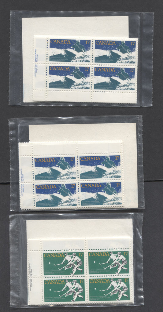 Canada #833-834 17c Multicolored White Water Race & Women's Field Hockey, 1979 Sport Championships, 3 VFNH Sealed Packs Of Plate Blocks On DF/DF Papers With Type 4A DF, LF & MF Insert Cards, Unitrade Cat. As Blocks $24