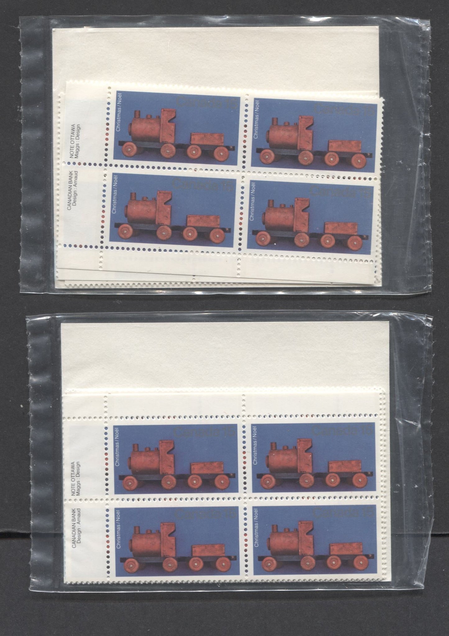 Lot 11 Canada #839 15c Blue & Multicolored Wooden Train, 1979 Christmas, 2 VFNH Sealed Packs Of Plate Blocks On DF/DF Paper With Type 4A LF & HF Inserts With Larger Font, Unitrade Cat. As Blocks $14