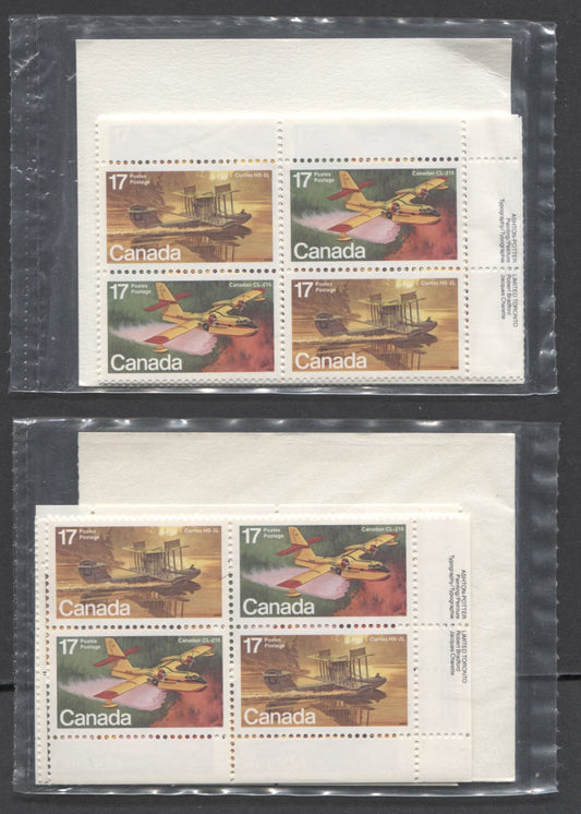 Canada #844a 17c Multicolored Curtiss HS-2L & Canadair CL-215, 1979 Aircraft - Flying Boats, 2 VFNH Sealed Packs Of Plate Blocks On DF/DF Paper With Type 4A DF & LF Inserts With Larger Font, Unitrade Cat. As Blocks $16