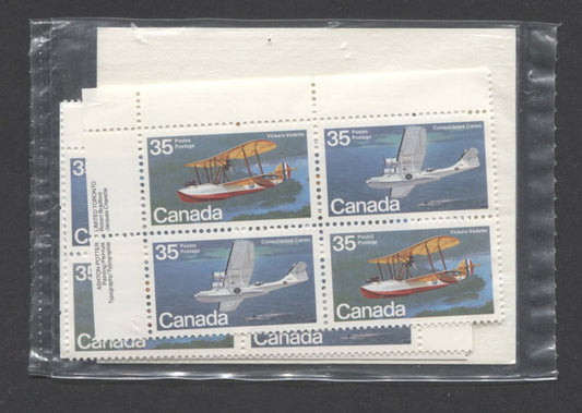 Canada #846a 35c Multicolored Vickers Vedette & Consolidated Canso, 1979 Aircraft - Flying Boats, A VFNH Sealed Pack Of Plate Blocks On DF/DF Paper With Type 4A LF Insert With Larger Font, Unitrade Cat. As Blocks $17