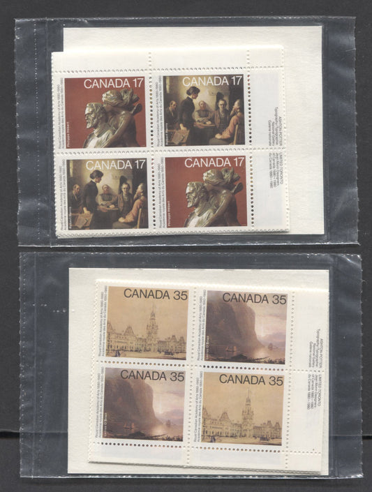 Canada #850a, 852a 17c & 35c Multicolored Meeting Of the School Trustees - Sunrise On The Saguenay, 1980 Academy Of Arts, 2 VFNH Sealed Packs Of Plate Blocks On DF/DF Paper With Type 4A DF & LF Inserts With Larger Font, Unitrade Cat. As Blocks $21