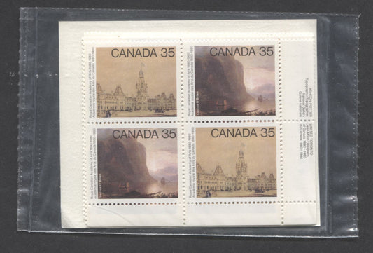 Canada #852a 35c Multicolored Parliament Builds & Sunrise on the Saguenay, 1980 Academy Of Arts, A VFNH Sealed Pack Of Plate Blocks On DF/DF Paper With Type 4A DF Insert With Larger Font, Unitrade Cat. As Blocks $13