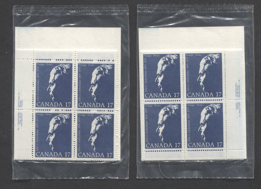 Canada #859,i 17c Dark Blue John Diefenbaker, 1980 John Diefenbaker, 2 VFNH Sealed Packs Of Plate Blocks On LF Paper With Type 4A DF Inserts With Larger Font & Dot Above G Variety, Unitrade Cat. As Blocks $18.25