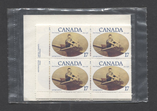 Canada #862 17c Multicolored Ned Hanlan, 1980 Ned Hanlan, A VFNH Sealed Pack Of Plate Blocks On DF/DF Paper With Type 4A HF Insert With Larger Font, Unitrade Cat. As Blocks $7