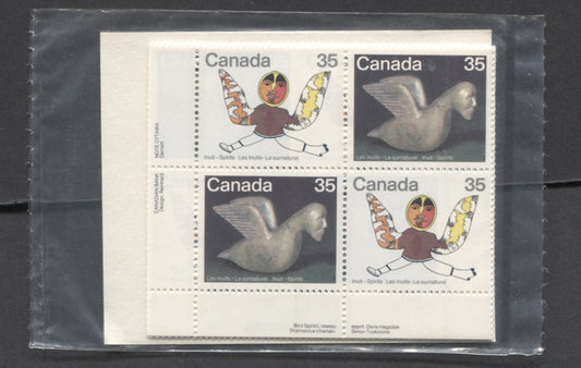 Lot 64 Canada #869a 35c Multicolored Bird Spirit & Shaman, 1980 Inuit - Spirits, A VFNH Sealed Pack Of Plate Blocks On DF/DF Paper With Type 4A DF Insert With Larger Font, Unitrade Cat. As Blocks $15
