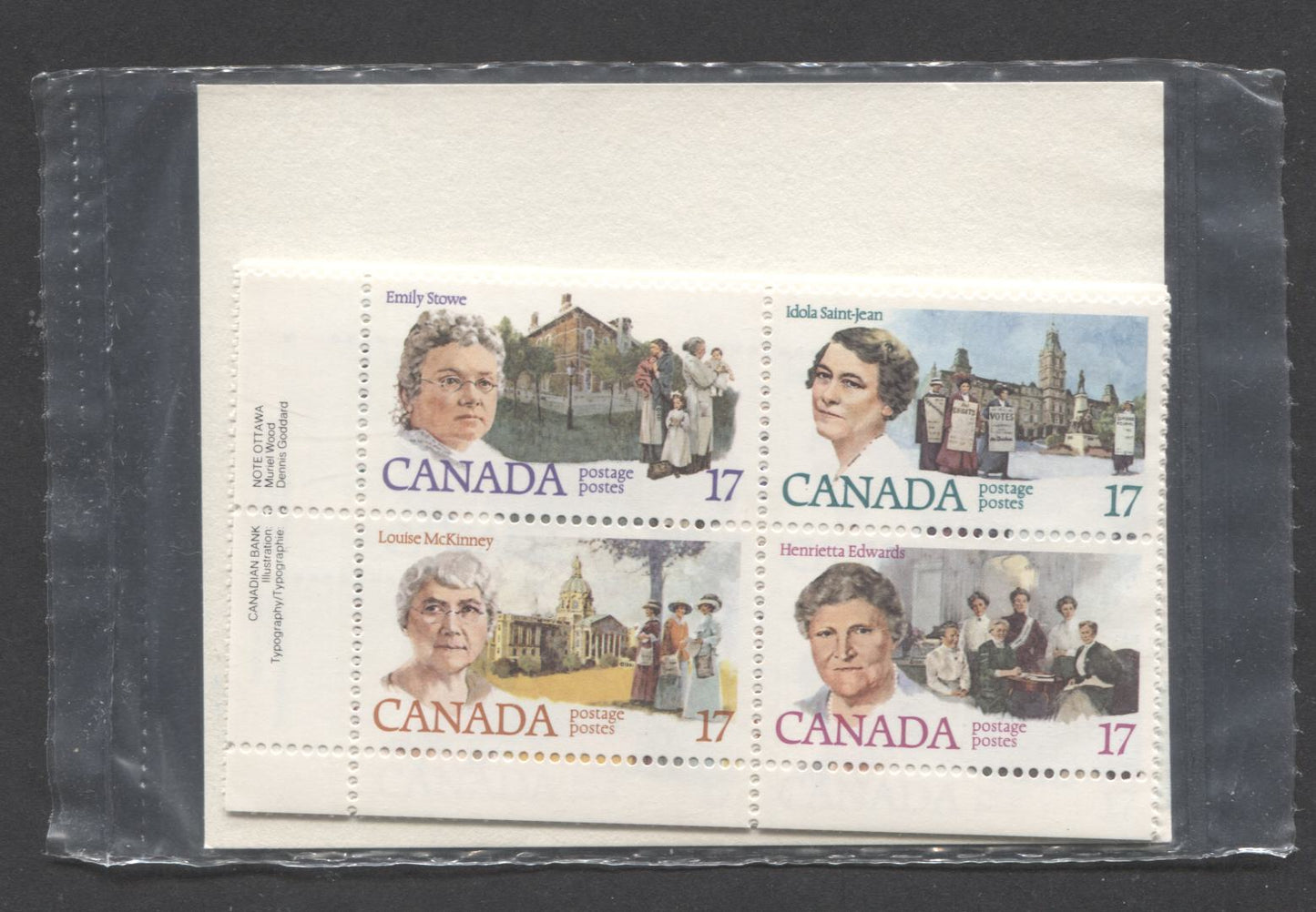 Lot 65 Canada #879i, 882a 17c Multicolored Emily Stowe - Henrietta Edwards, 1981 Canadian Feminists, A VFNH Sealed Pack Of Plate Blocks On DF/DF Paper With Type 4A DF Insert With Larger Font & Includes Pink Brooch Variety, Unitrade Cat. As Blocks $17.75
