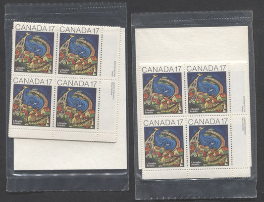 Lot 281 Canada #898 17c Multicolored L'Acadie, 1981 Acadians, 2 VFNH Sealed Packs Of Plate Blocks On DF/DF & DF/DF-fl Papers With Type 4A HF Inserts With Large Font, Unitrade Cat. As Blocks $14