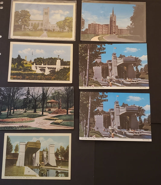 Group Of 7 Canadian Postcards Featuring Scenes Of Varioius Areas Of Ontario. Our Estimated Value Is $7.