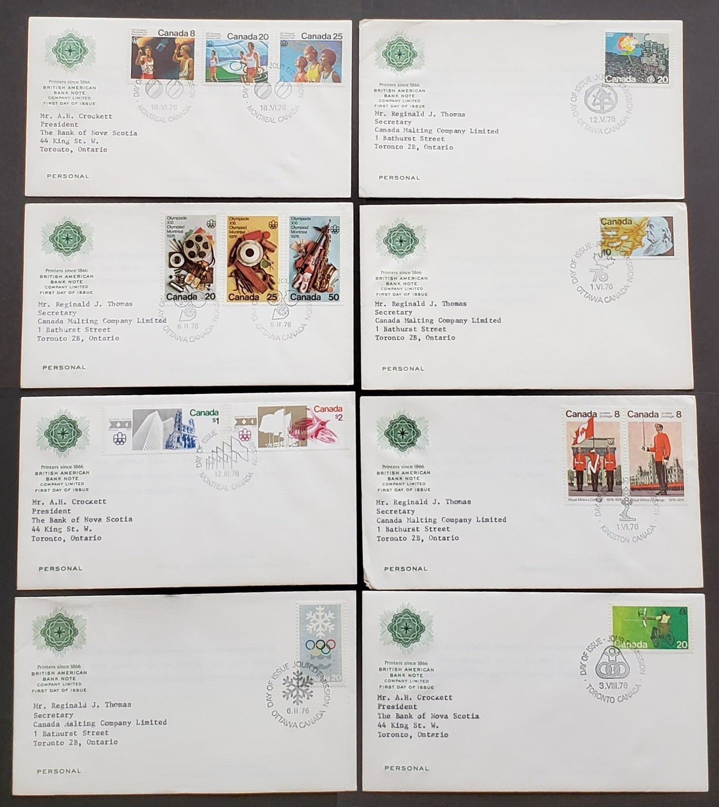 Lot 283 Canada #681-694 8c-$2 Multicoloured Various Designs 1976 Commemmoratives, 8 British American Bank Note First Day Covers Franked With Singles and pair, DF, LF and HF Paper,  Cat. Value $16