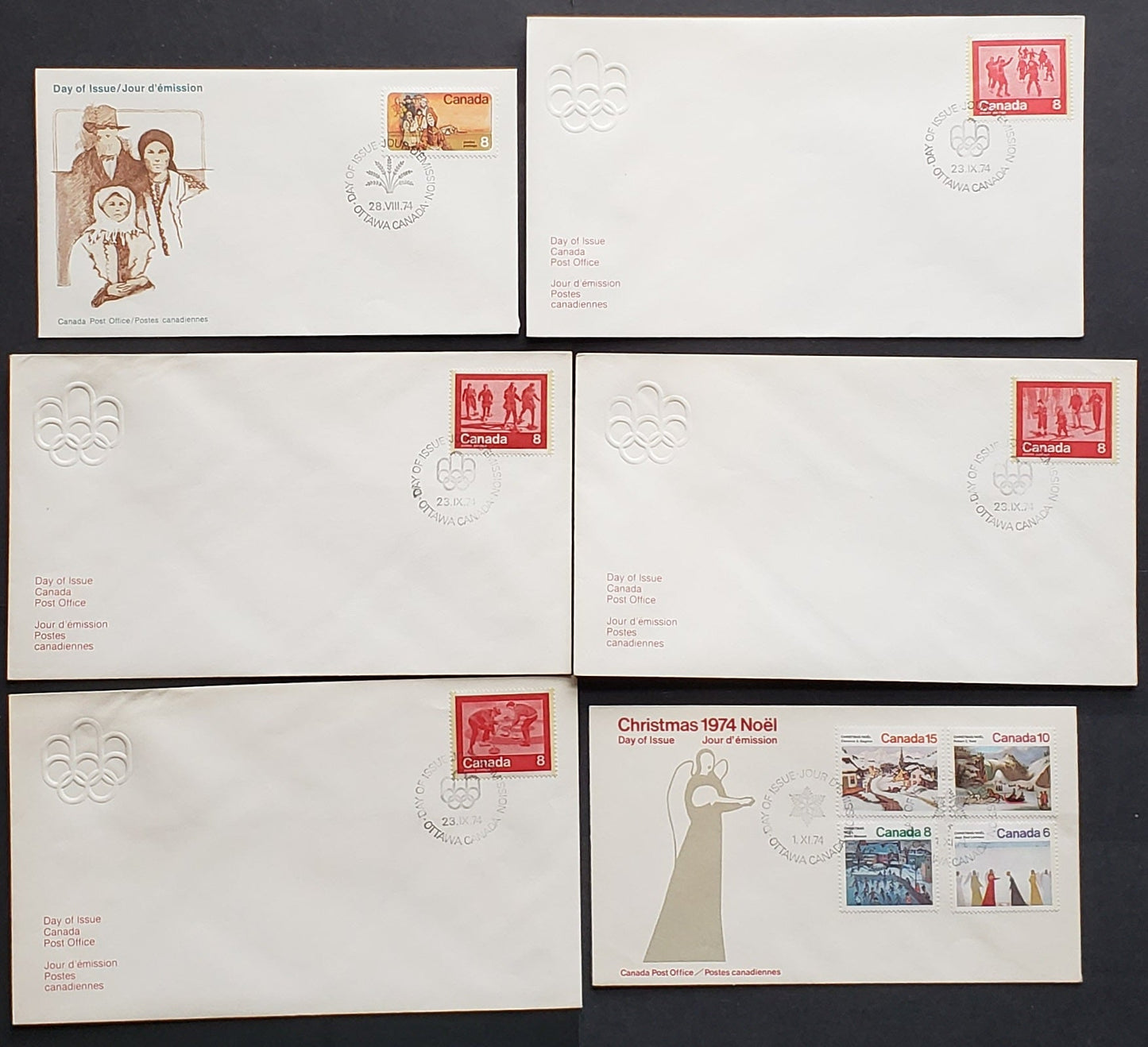 Lot 290 Canada #643/654 6c-8c Multicoloured Various Designs 1974 Commemorative Issues, 12 Canada Post First Day Covers Franked With Singles, LF, MF & HF Paper, DF Envelopes, Cat. Value $