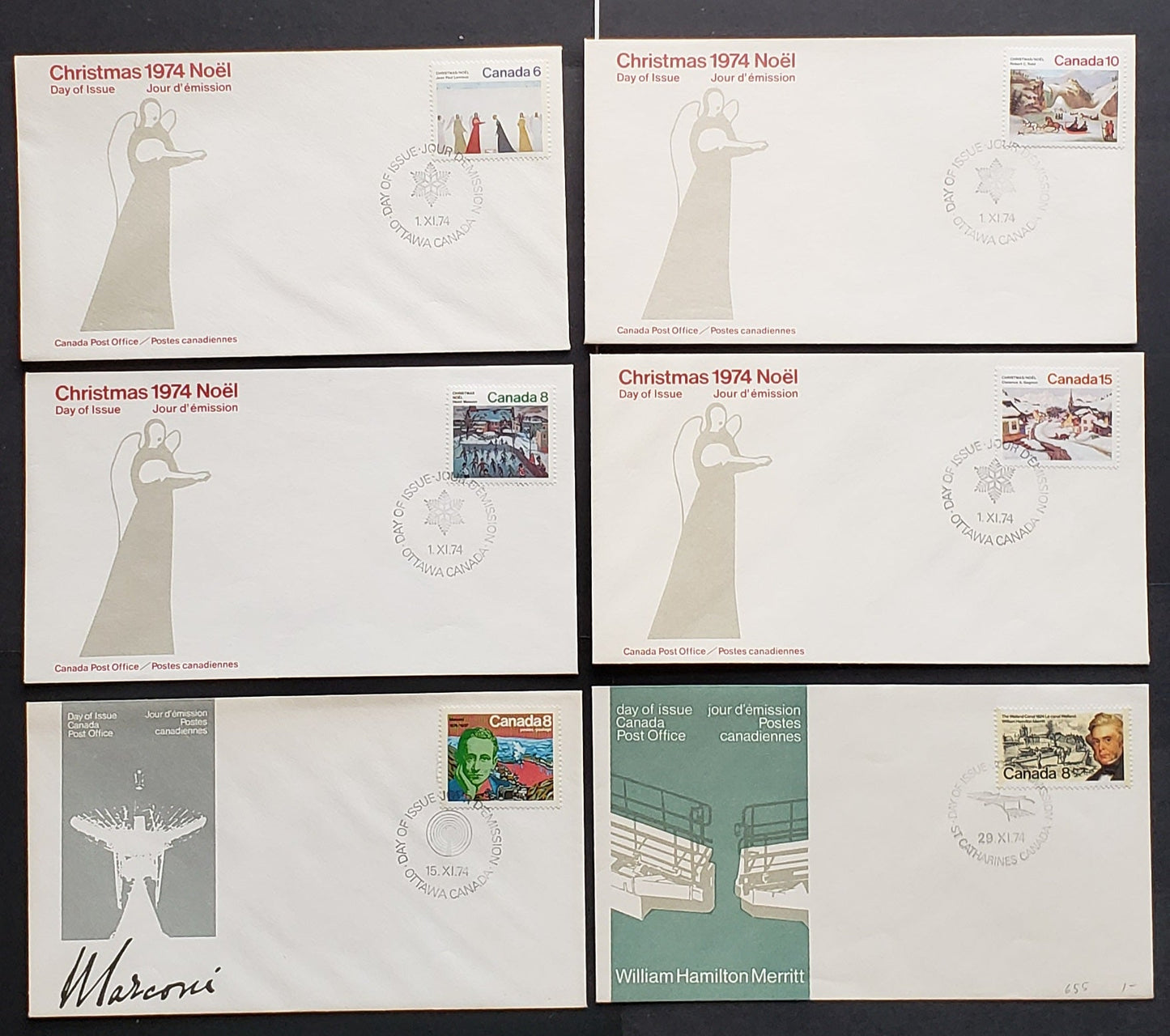Lot 290 Canada #643/654 6c-8c Multicoloured Various Designs 1974 Commemorative Issues, 12 Canada Post First Day Covers Franked With Singles, LF, MF & HF Paper, DF Envelopes, Cat. Value $