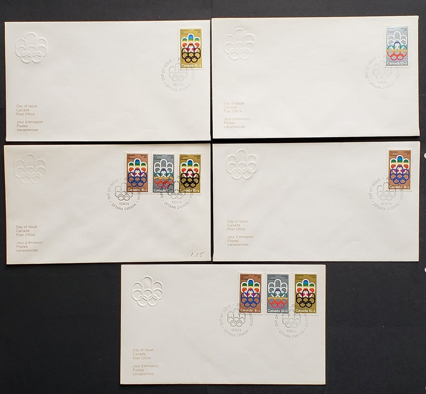 Canada #B1,B2-I,B3-i 8+2c-15+5c Multicolored Various Designs 1974 Semi Postals, 5 Canada Post First Day Covers Franked With Singles & Combo, HF Paper, DF Envelopes Oval 'O' In Ottawa, Cat. Value $13