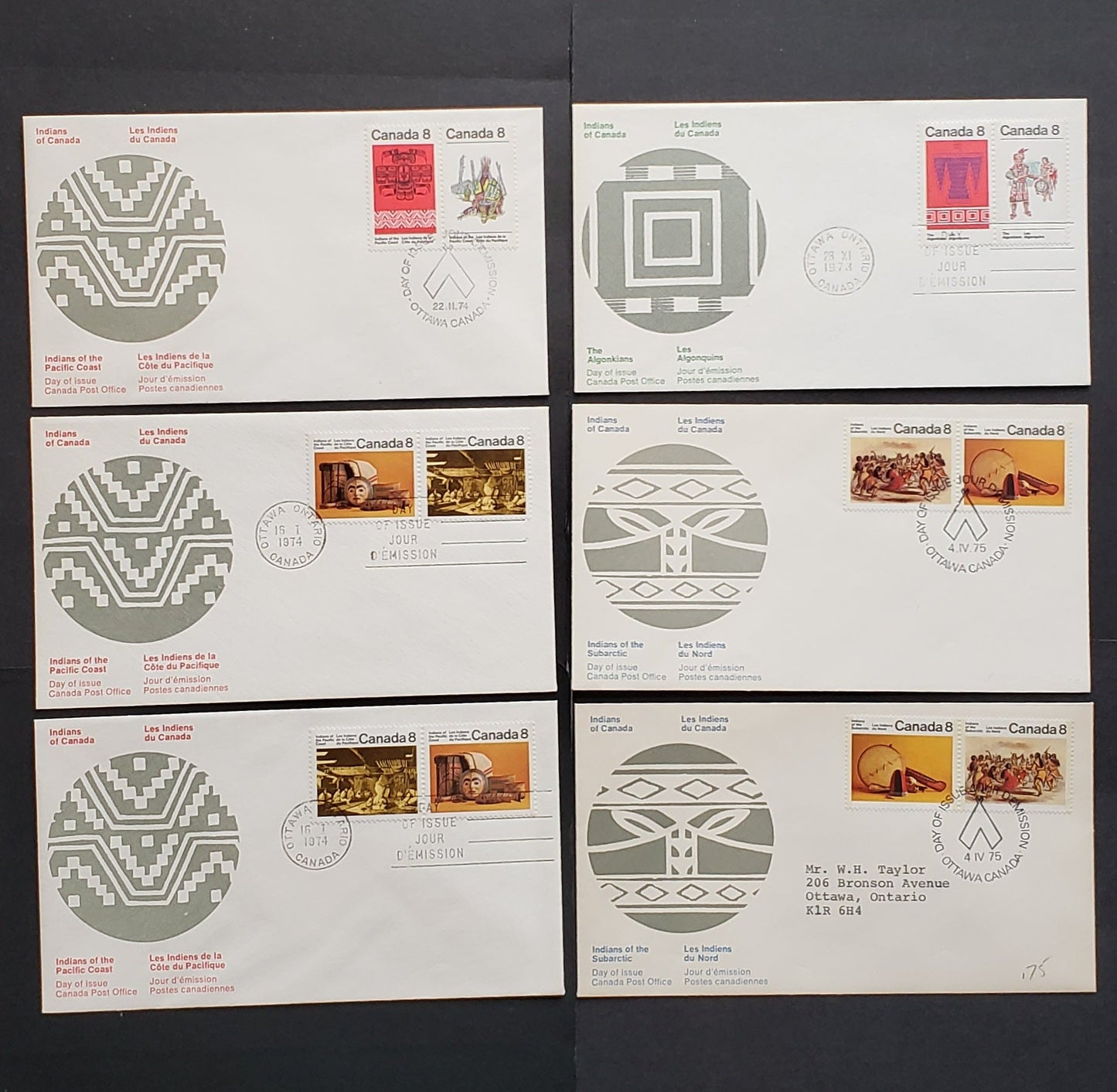 Lot 292 Canada #570-571, 574-575, 578-581 8c-10c Multicolored Various Designs 1974-1976 Subarctic, Algonkian, Pacific Coast & Iroquois Indians, 10 Canada Post First Day Covers Franked With Pairs, HF, MF & DF Paper, DF Envelopes, Cat. Value $20