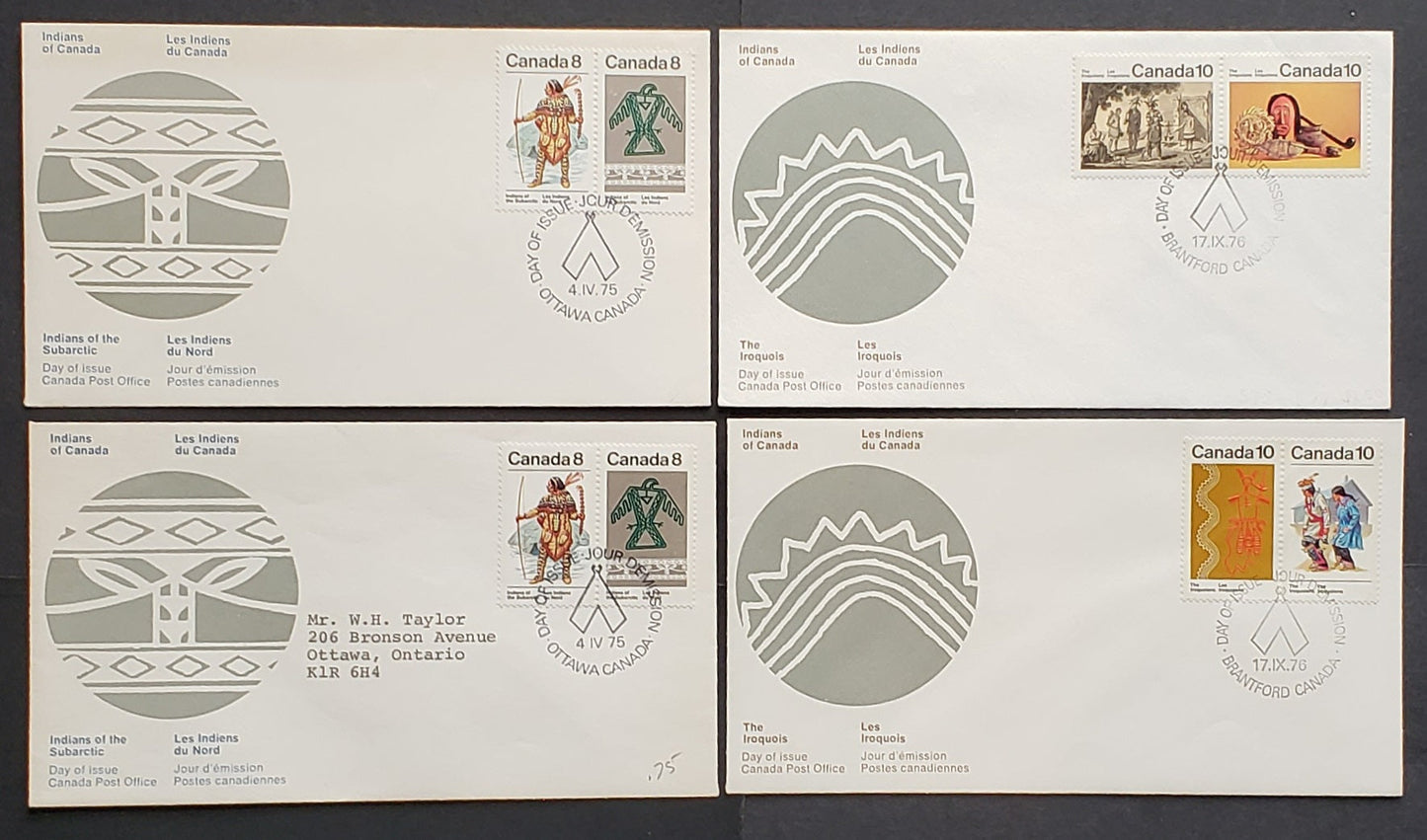 Lot 292 Canada #570-571, 574-575, 578-581 8c-10c Multicolored Various Designs 1974-1976 Subarctic, Algonkian, Pacific Coast & Iroquois Indians, 10 Canada Post First Day Covers Franked With Pairs, HF, MF & DF Paper, DF Envelopes, Cat. Value $20