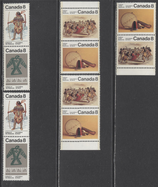 Lot 294 Canada #575a,aii,577a 8c Multicolored Montagnais-Naskapi - Ojibwa Thunderbird, 1975 Subarctic Indians, 6 VFNH Pairs On Various Paper Varieties