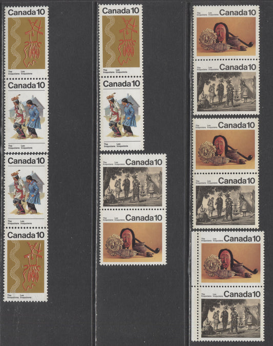Lot 296 Canada #579a,ai,581a,ai 10c Multicolored Cornhusk Mask - Iroquoian Couple, 1976 Iroquoian Indians, 7 VFNH Vertical Pairs On Various Paper Varieties