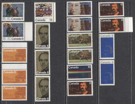 Lot 293 Canada #611-619 8c Multicolored Bishop Laval - Scottish Settlers, 1973 Commemorative Issues, 18 VFNH Singles Showing Many Different Paper Varieties