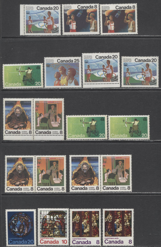 Lot 288 Canada #681/699 8c-20c Multicolored Olympic Torch - Nativity, 1976 Commemorative Issues, 16 VFNH Singles Showing Different Paper Varieties