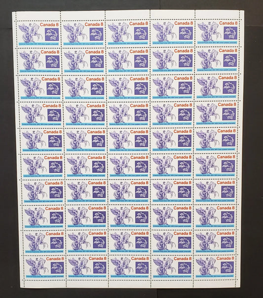 Lot 66 Canada #648, I, ii 8c  Violet, Red and Blue Mercury, 1974 UPU Centenary Issue, Field Stock Sheet Of 50, DF/DF Horizontal Ribbed Paper, VF-80 NH, Unfolded,  Unitrade Cat. As Singles $226.5, Including Ghost Print & Red Streak Varieties