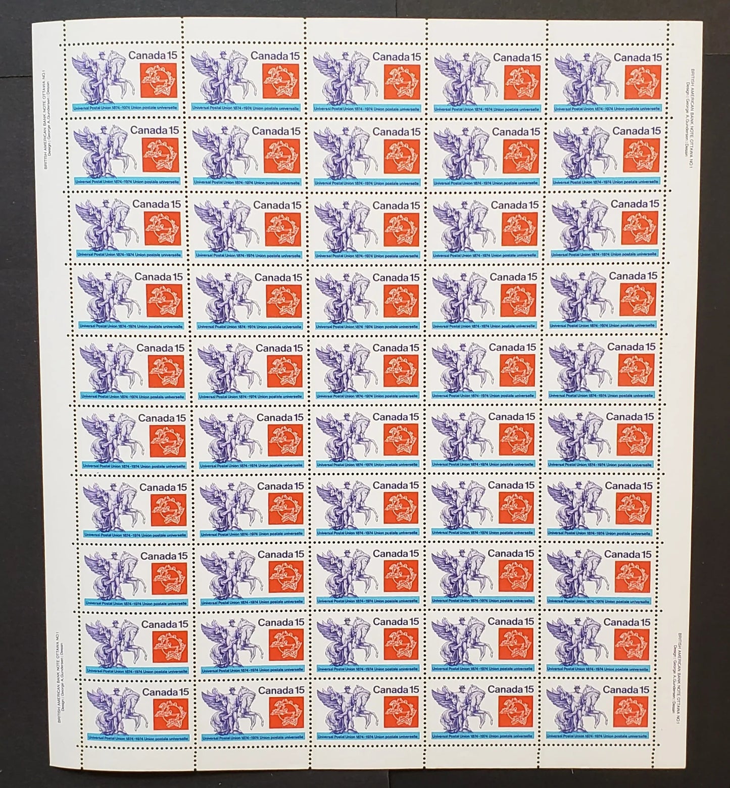 Lot 68 Canada #649 15c Violet, Red and Blue Mercury, 1974 UPU Centenary Issue, Philatelic Stock Sheet Of 50, LF/LF Horizontal Ribbed Paper, VF-80 NH, Unfolded,  Unitrade Cat. As Singles $67.5,