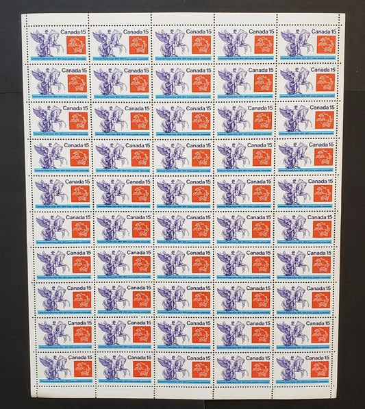 Lot 69 Canada #649 15c Violet, Red and Blue Mercury, 1974 UPU Centenary Issue, Field Stock Sheet Of 50, LF/LF Horizontal Ribbed Paper, VF-80 NH, Unfolded,  Unitrade Cat. As Singles $67.5,