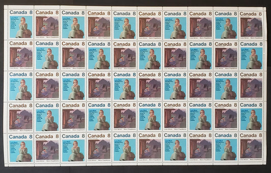 Lot 84 Canada #658-659, 659i 8c  Multicoloured Anne of Green Gables & Maria Chapdelaine, 1975 Authors Issue, Field Stock Sheet Of 50, MF/HF Smooth Paper, VF-75 NH, Unfolded,  Unitrade Cat. As Singles $37.2, With Light In Window Variety At Pos. 22