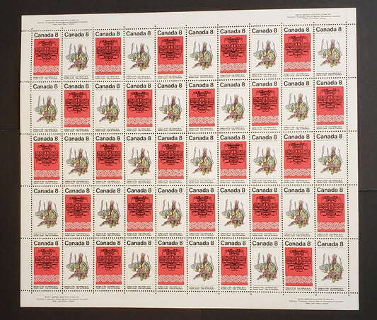 Lot 9 Canada #572-573 8c  Multicoloured Chief & Thunderbird, 1974 Pacific Coast Indians Issue, Philatelic Stock Sheet Of 50, DF/NF-fl, LF, S, WP, VS Smooth Paper, VF-80 NH, Unfolded,  Unitrade Cat. As Singles $22.5, The Paper Is Listed As Dull