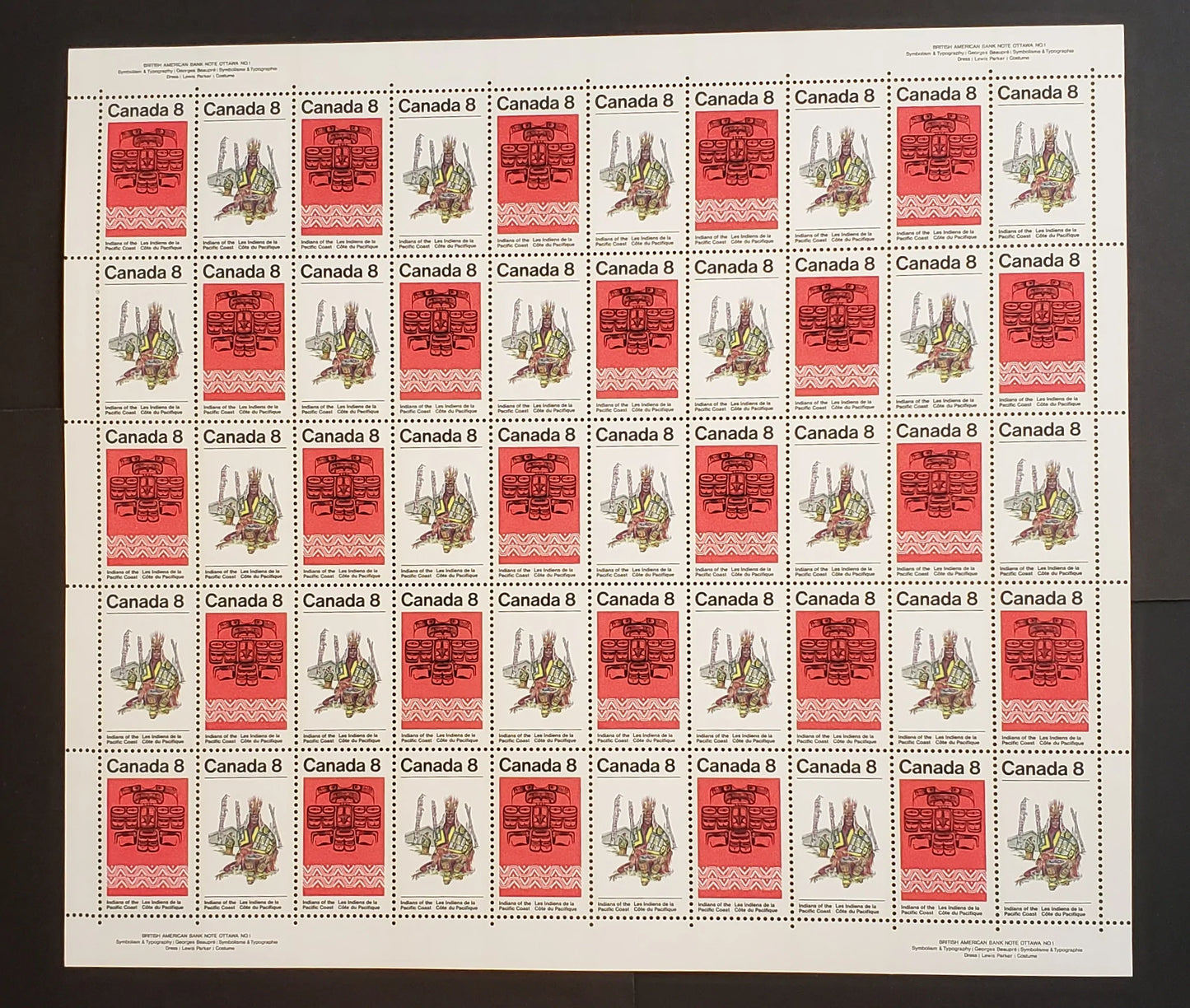 Lot 9 Canada #572-573 8c  Multicoloured Chief & Thunderbird, 1974 Pacific Coast Indians Issue, Philatelic Stock Sheet Of 50, DF/NF-fl, LF, S, WP, VS Smooth Paper, VF-80 NH, Unfolded,  Unitrade Cat. As Singles $22.5, The Paper Is Listed As Dull