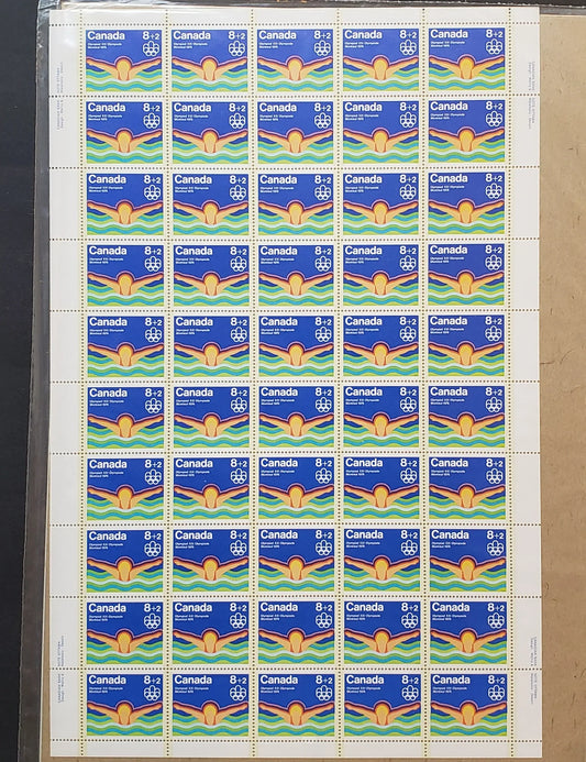 Lot 95A Canada #B4i, ii 8c + 2c Multicoloured Swimmer, 1975 Montreal Olympic Games Issue, Philatelic Stock Sheet Of 50, LF/LF Smooth Paper, VF-84 NH, Unfolded,  Unitrade Cat. As Singles $158, Sealed In Pack With Type 1 Insert, Red Dot On Forearm