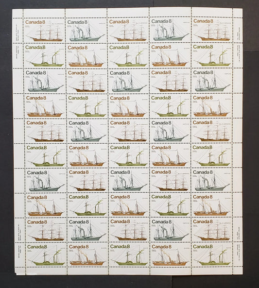 Lot 96 Canada #670i-673i 8c  Light Brown, Dull Yellow Green, Grey-Green & Yellow Brown Ships, 1975 Coastal Vessels Issue, Philatelic Stock Sheet Of 50, DF/DF Bluish White, Smooth Paper, VF-80 NH, Unfolded,  Unitrade Cat. As Singles $41.5,