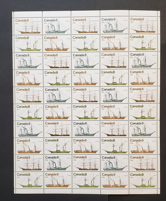 Lot 97 Canada #670i-673i var 8c  Light Brown, Dull Yellow Green, Grey-Green & Yellow Brown Ships, 1975 Coastal Vessels Issue, Field Stock Sheet Of 50, NF/NF Greyish, Smooth Paper, VF-80 NH, Unfolded,  Unitrade Cat. As Singles $37.5, Unlisted In Unitrade