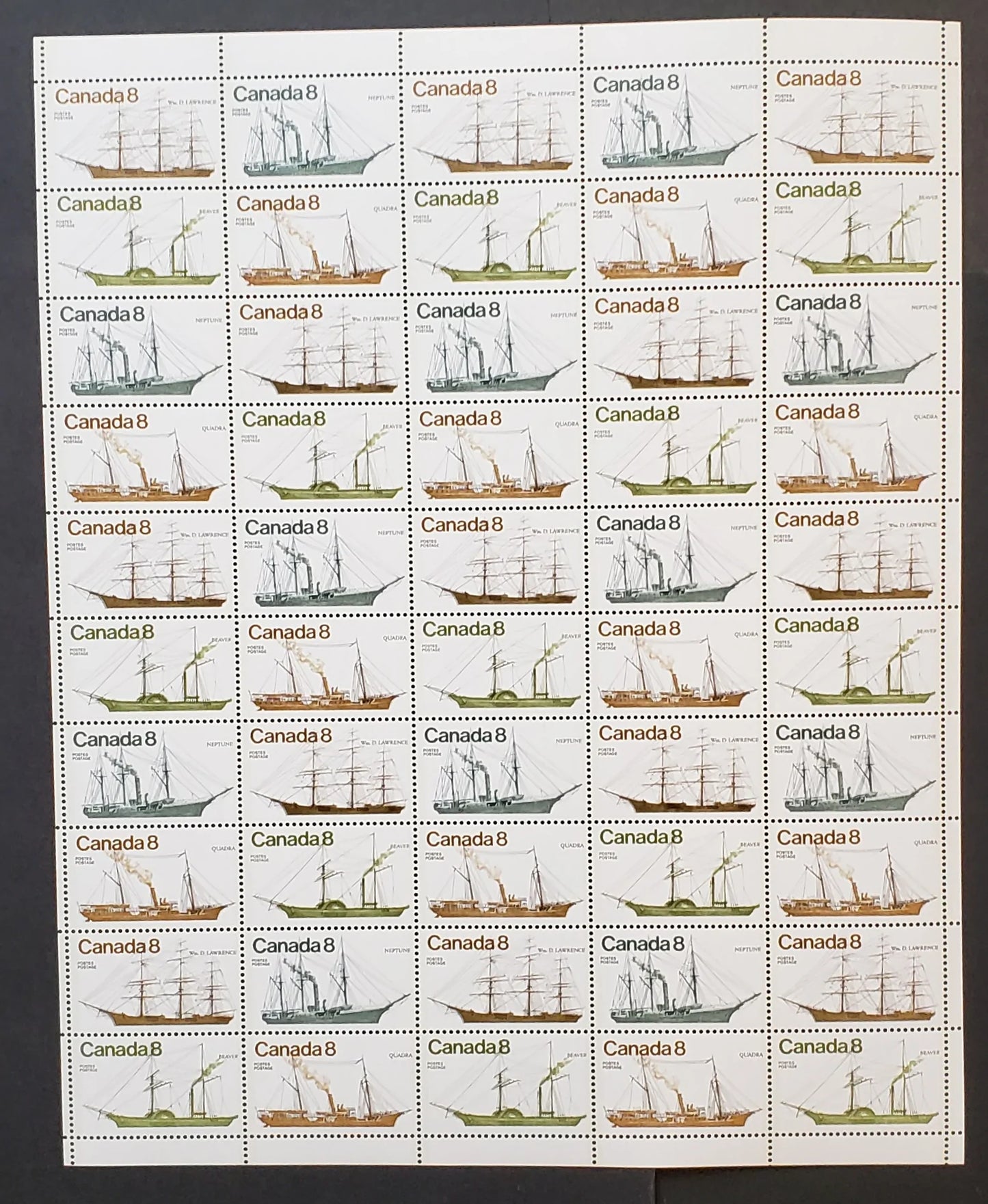 Lot 98 Canada #670ii-673ii 8c  Light Brown, Dull Yellow Green, Grey-Green & Yellow Brown Ships, 1975 Coastal Vessels Issue, Field Stock Sheet Of 50, MF/HF Smooth Paper, VF-80 NH, Unfolded,  Unitrade Cat. As Singles $225, Listed As HB In Unitrade