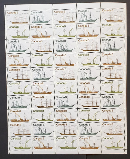 Lot 98 Canada #670ii-673ii 8c  Light Brown, Dull Yellow Green, Grey-Green & Yellow Brown Ships, 1975 Coastal Vessels Issue, Field Stock Sheet Of 50, MF/HF Smooth Paper, VF-80 NH, Unfolded,  Unitrade Cat. As Singles $225, Listed As HB In Unitrade