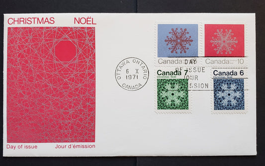 Canada #554-555, 556i, 557 6c-15c Multicolored Snowflakes 1971 Christmas, A Canada Post FDC franked with a Combo, HF and HB Papers, With The 10C Being On The Scarce Horizontally Ribbed Paper, Cat. Value $20 for Normal, $15 for 556i