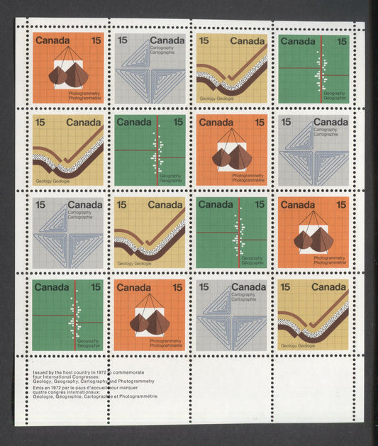 Canada #585b 15c  Multicoloured Various Designs, 1972 Earth Sciences Issue, Field Stock Sheet Of 16, MF/HF Paper, VF-84 NH, Unfolded,  Unitrade Cat. As Singles $40, Ottawa Tagged