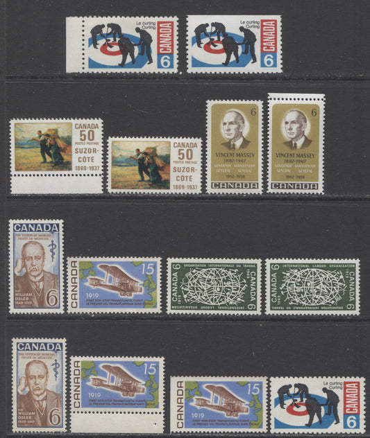Lot 324 Canada #490-495i 1969 Commemoratives, A Specialized Lot of 15 VFNH Stamps Including All Listed Paper Varieties, Several Unlisted Ones, Unitrade Cat. $34.55