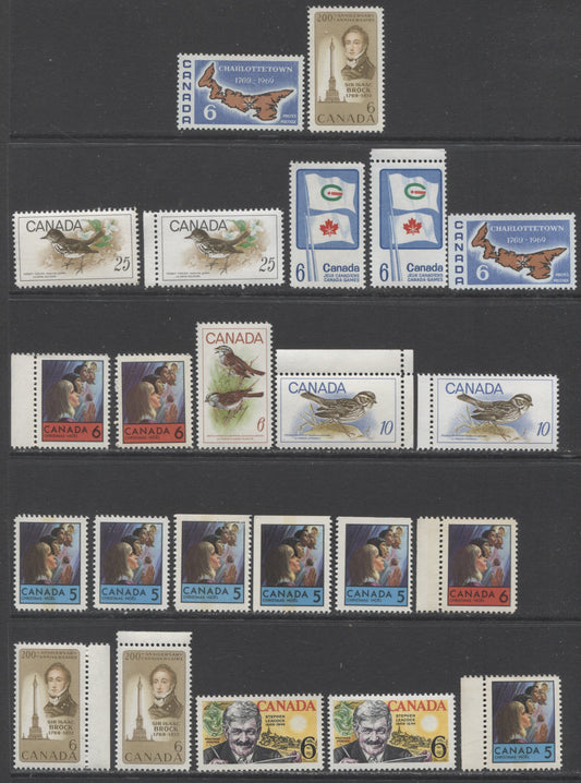 Canada #496-504 1969 Commemoratives, A Specialized Lot of 21 VFNH Stamps Including All Listed Paper Varieties, Winnipeg Tagged, Booklet Singles and Several Unlisted Ones, Unitrade Cat. $15.75