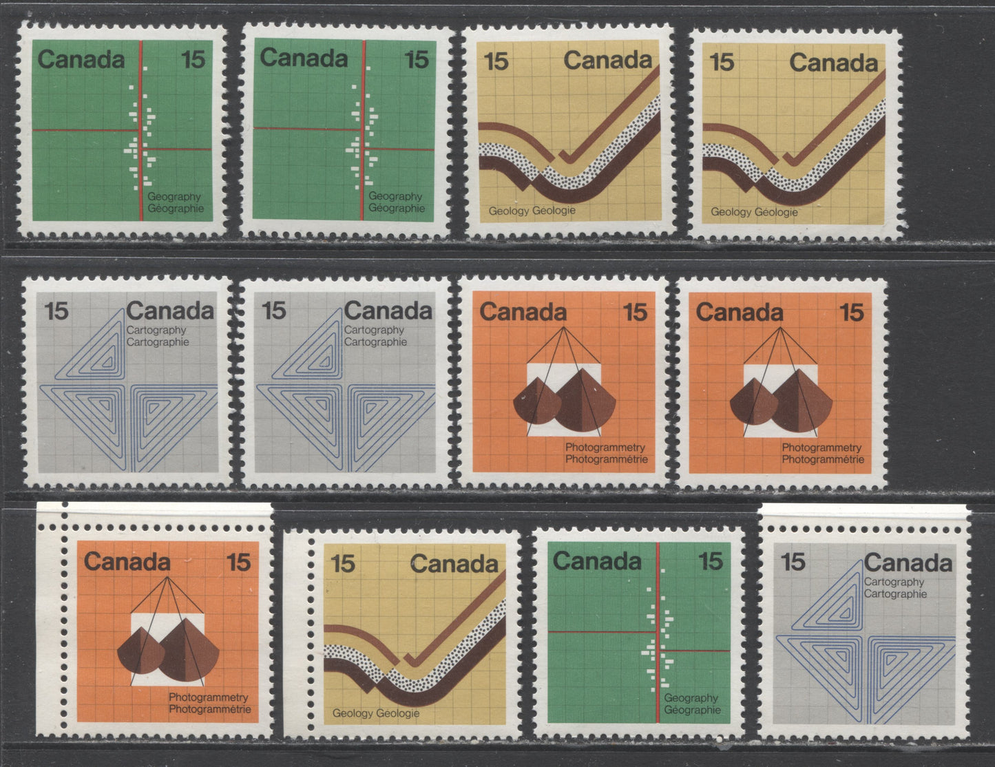 Canada #582-585p 1972 Earth Sciences Issue,  A Specialized Lot of 12 VFNH Singles, Including Tagged and Untagged, Plus HF/HF and MF/HF Papers, Unitrade $27