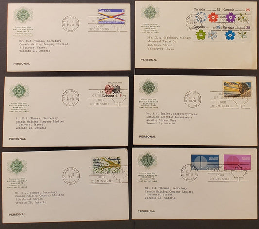 Canada #505-507, 508-517, 529-531 6c-25c Multicoloured Various Designs 1970 Manitoba Centennial,Smith Issues, 11 British American Bank Note First Day Covers Franked With Singles, DF, HF, HB Paper,  Cat. Value $34