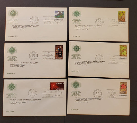 Canada #532-542, 552-553, 556, 558 6c-10c Multicoloured Various Designs 1971 Carr,Laporte Issues, 14 British American Bank Note First Day Covers Franked With Singles, DF, HF, HB Paper,  Cat. Value $28