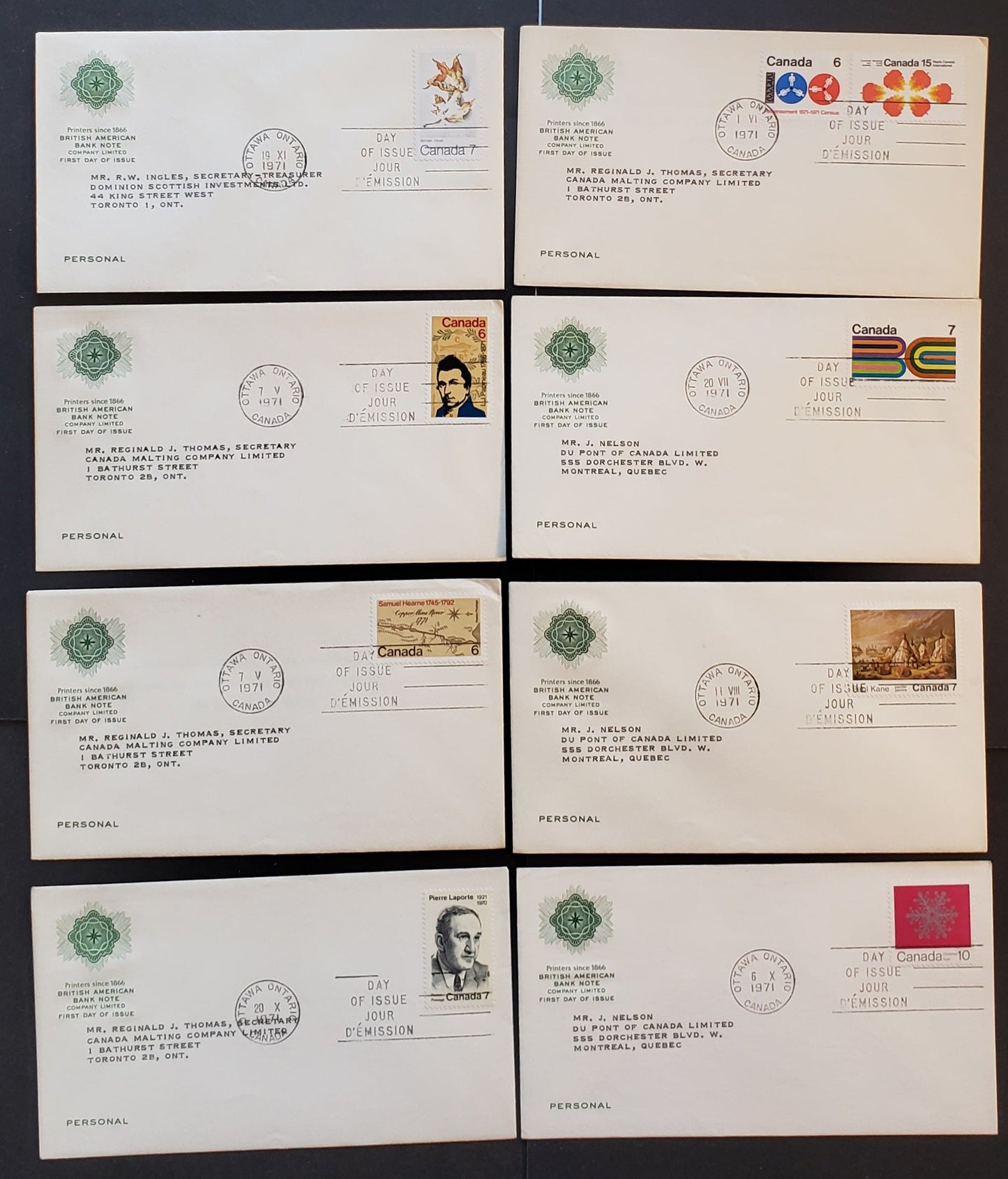Canada #532-542, 552-553, 556, 558 6c-10c Multicoloured Various Designs 1971 Carr,Laporte Issues, 14 British American Bank Note First Day Covers Franked With Singles, DF, HF, HB Paper,  Cat. Value $28