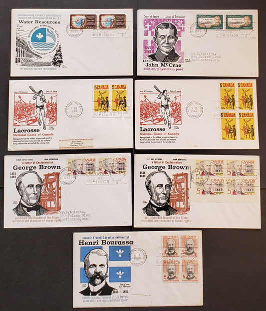 Lot 66 Canada #481, 483, 484, 485, 487 5c Multicoloured Various Designs 1968 UN International Hydrological Decade, McCrae Issues, 7 Cole First Day Covers Franked With Pairs And Blocks, DF, HF Paper,  Cat. Value $21.9