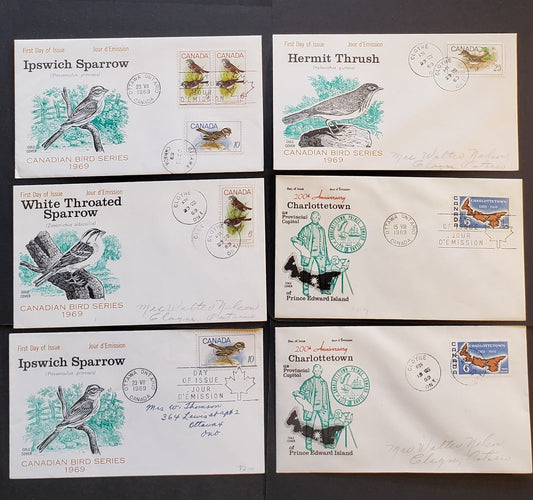 Lot 68 Canada #496-499i, 500-502, 504 5c-25c Multicoloured Various Designs 1969 Birds, Leacock Issues, 12 Cole First Day Covers Franked With Singles And Combinations, HF, HB, and DF Paper,  Cat. Value $26