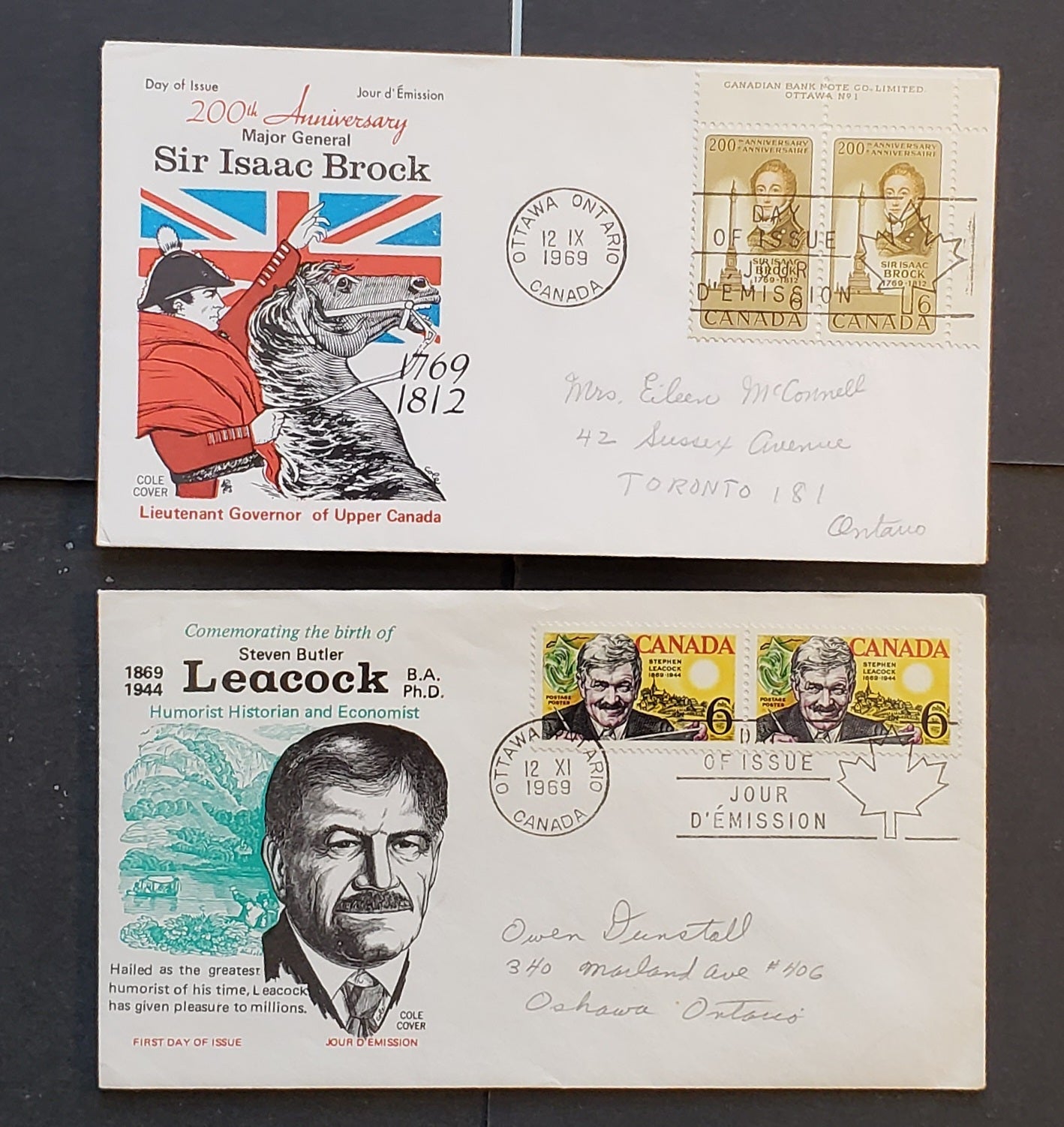 Lot 69 Canada #491, 493, 496-497, 499-501, 504 6c-10c Multicoloured Various Designs 1969 Massey, Brock Issues, 12 Cole First Day Covers Franked With Singles And Combinations, HF, HB, and DF Paper,  Cat. Value $26